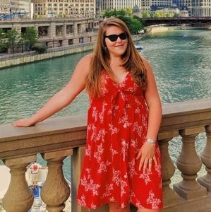 Red Ditsy Floral Bow Knot Front Dress XL